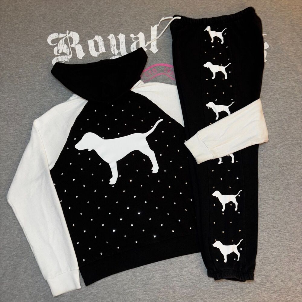 PINK Victoria's Secret Black & White Rhinestone Dog Logo Hoodie & Joggers Set SM